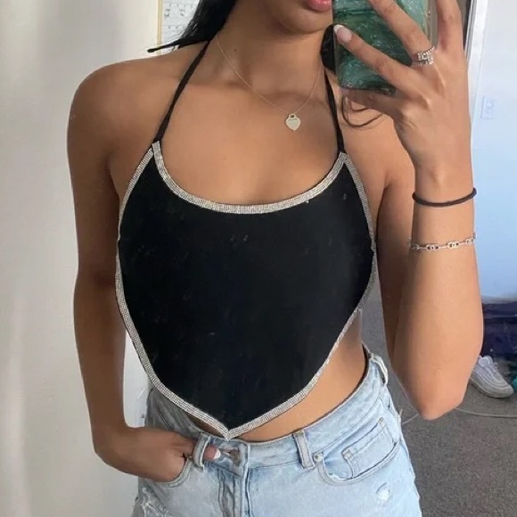 Dolls Kill Tops - FLAUNT IT TIE BACK HANKER-CHIEF HALTER TOP Black Large